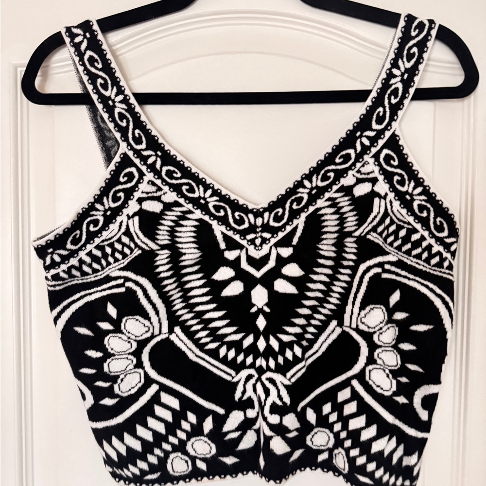 Express Black and White Geometric V-Neck Crop Top